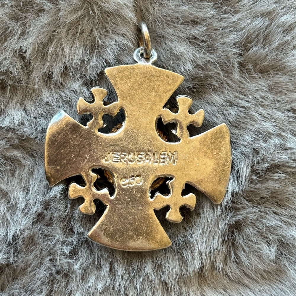 950 Silver Vintage Jerusalem Cross Pendant w/ Blue Crystal - Picture 3 of 5